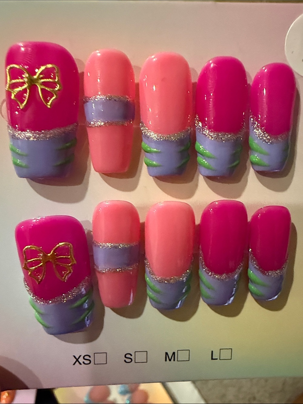 Pink handmade acrylic Press-On Nail Set with Purple French tips andGold Bow